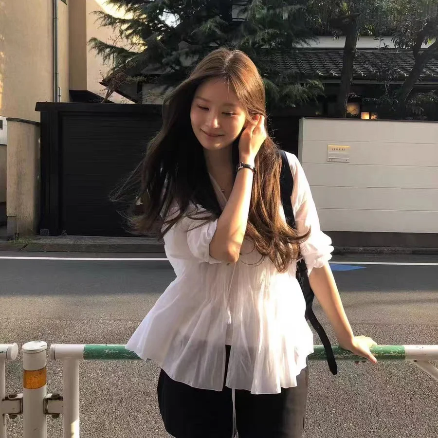 

Sweet Elegant V-Neck Long Sleeve Shirt Dongda Gate Ounce Retro Design Sense Tie Women's Cotton Breathable Comfortable Fashion