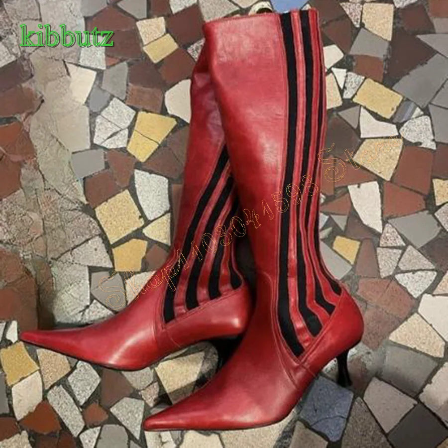 Striped Red Leather Knee High Boots,Pointed Toe Stiletto Boots for Women Zipper Boots for Women 2024 New Zapatos Para Mujere