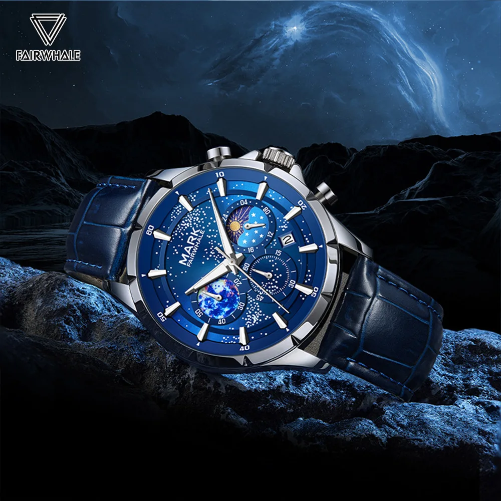 Top Luxury Mens Watches Mark Fairwhale Fashion Starry Sky Luminous Watches Man Business Phase Moon WristWatch Gift Reloj Hombre