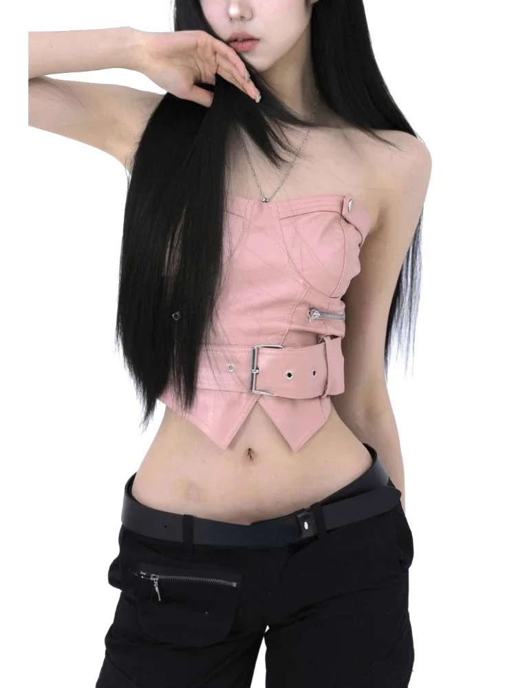 Y2k Strapless Sleeveless Sexy Slim PU Chest Korean Fashion Chain Zipper Short Top