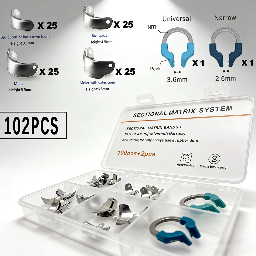 102Pcs Restorative Dental Sectional Matrix System Metal Matrix Bands NiTi Clamping Rings Complete Restoration Dentistry Kit