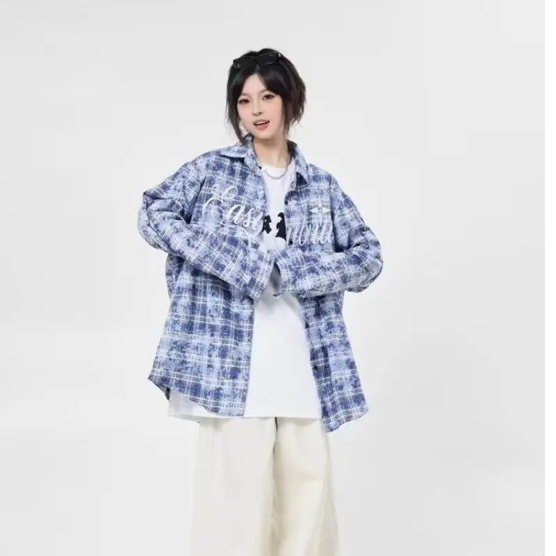 2024 New Loose Street Blue Embroidery Plaid Shirt Women Long Sleeved Blouse Couple Vintage Button Women Coat Korean Oversize Top