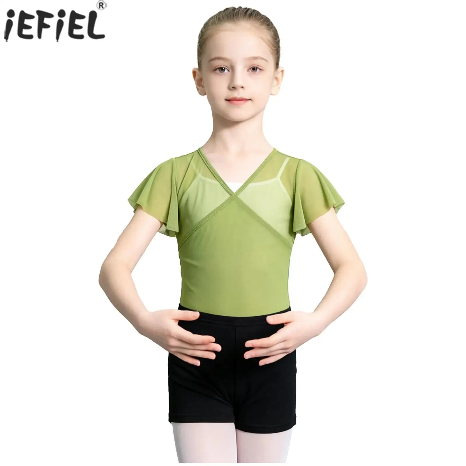 

Kids Girls Classical Dance Tops Short Sleeve V-neck Sheer Mesh Top Ballet Dance Classes Gymnastics Training Warm Up Clothing