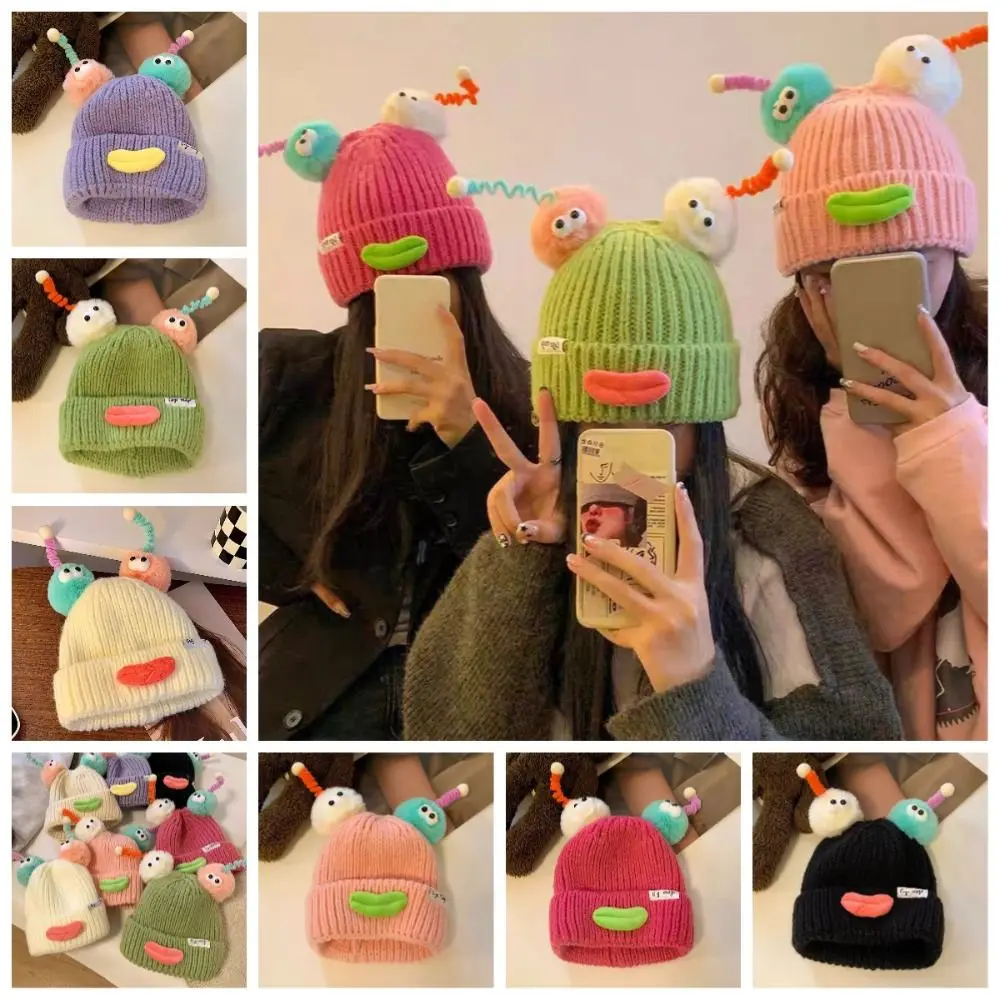 

Korean Style Sausage Mouth Beanie Soft Candy Color Plush Pullover Hats Headgear Keep Warm Cartoon Knitting Hat Autumn and Winter