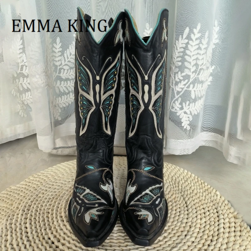 Embroidered Western Cowboy Boots 2024 Autumn New Thick Heels Knight Boots British Style Dark Black Boot Punk Banquet Dress Shoes