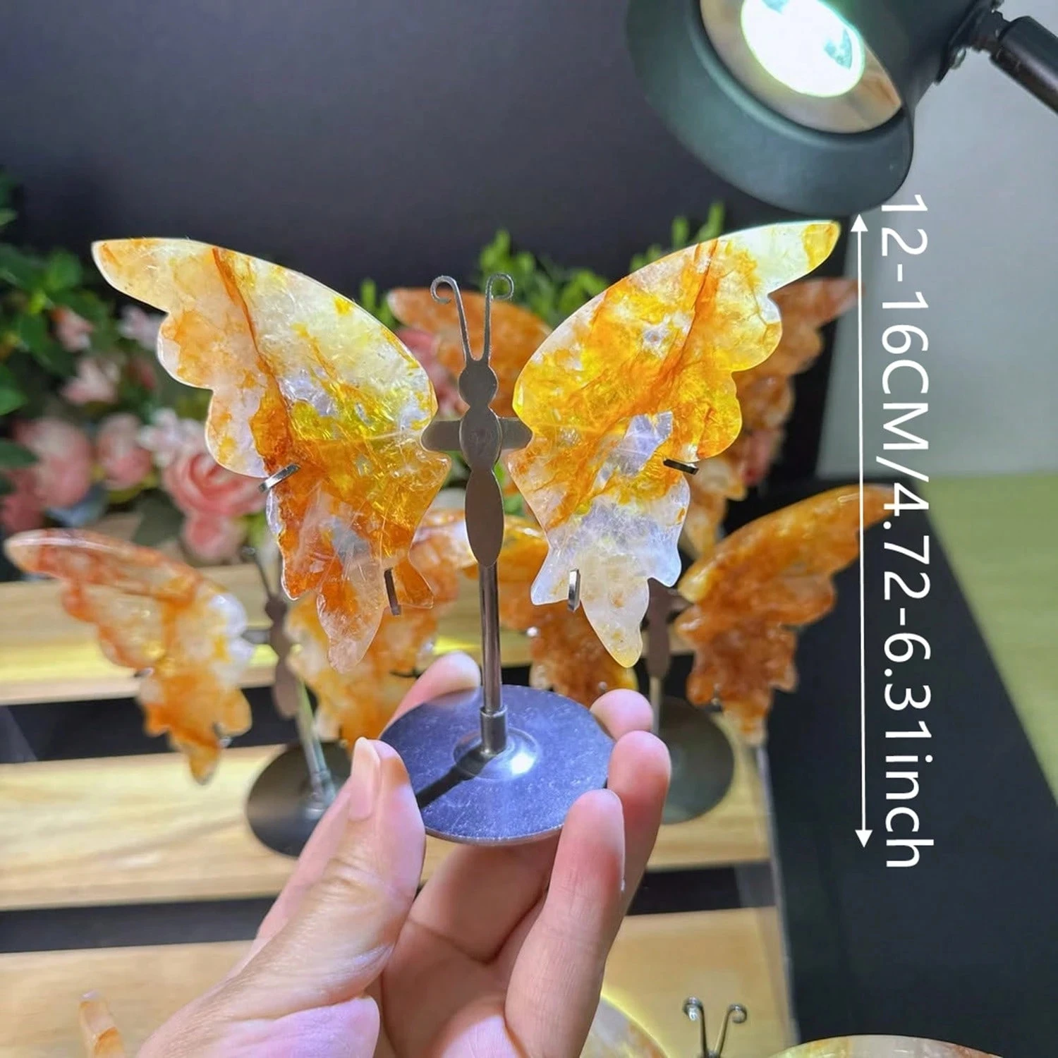 Natural Golden Healer & Red Hematoid Quartz Butterfly Wings Carved with Stand Crystal Reiki Healing Home Decor Unique Gift