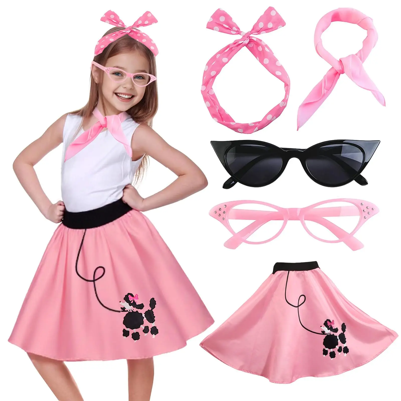 

Girls Poodle Skirts 50s Sock Hop Costume Retro Decades Day Outfits 1950s Vintage Pink Lady Grease Halloween Costume Accessories