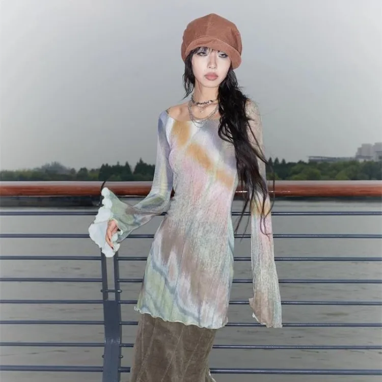 Trashy Y2k Tie-dye Mesh Tops Grunge Aesthetics Flare Sleeve Sheer  Vintage Harajuku Oversized T-shirt See Through