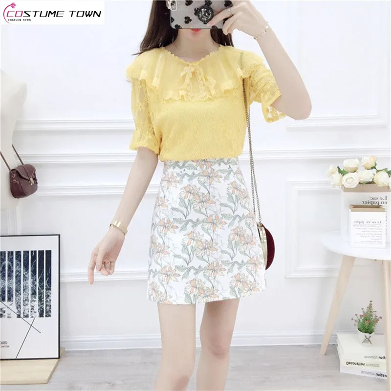 

Set 2023 Summer Fashion Sweet Lace Sweetheart Short Sleeve High Waist Printed A-line Half Skirt Two Piece Set for Women