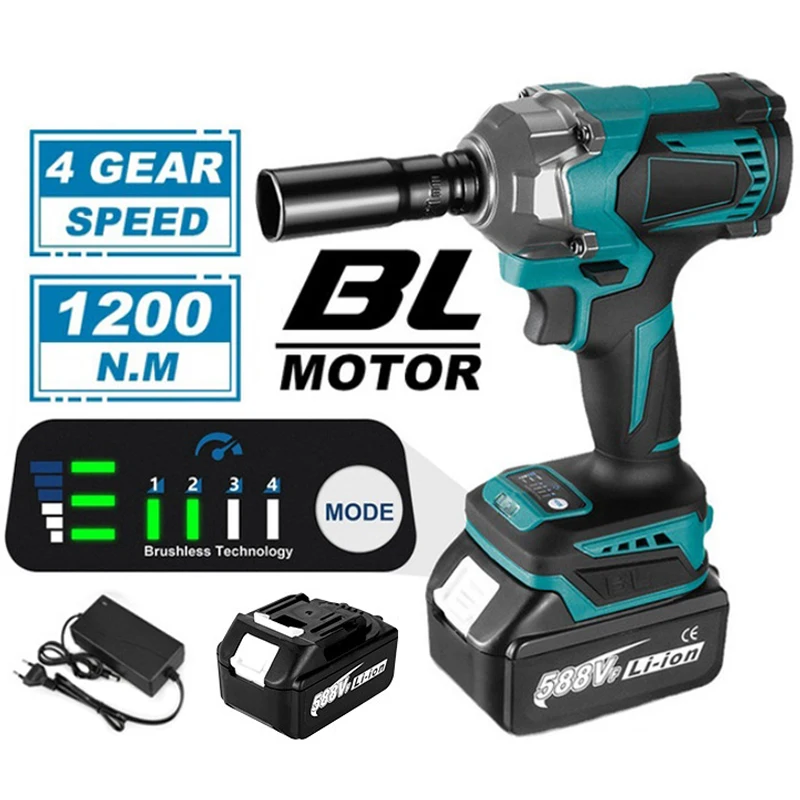 Clé à chocs électrique sans balais 1200 N.m, 1/2 pouce, sans fil, pour réparation automobile, visseuses, outil de bricolage, compatible avec batterie Makita 18V