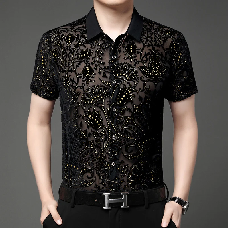 

Golden Jacquard Transparent Shirts For Men Short Sleeve All Match Summer Cool Feeling Quality Soft Comfortable Camisas De Hombre