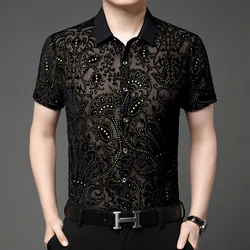 Golden Jacquard Transparent Shirts For Men Short Sleeve All Match Summer Cool Feeling Quality Soft Comfortable Camisas De Hombre