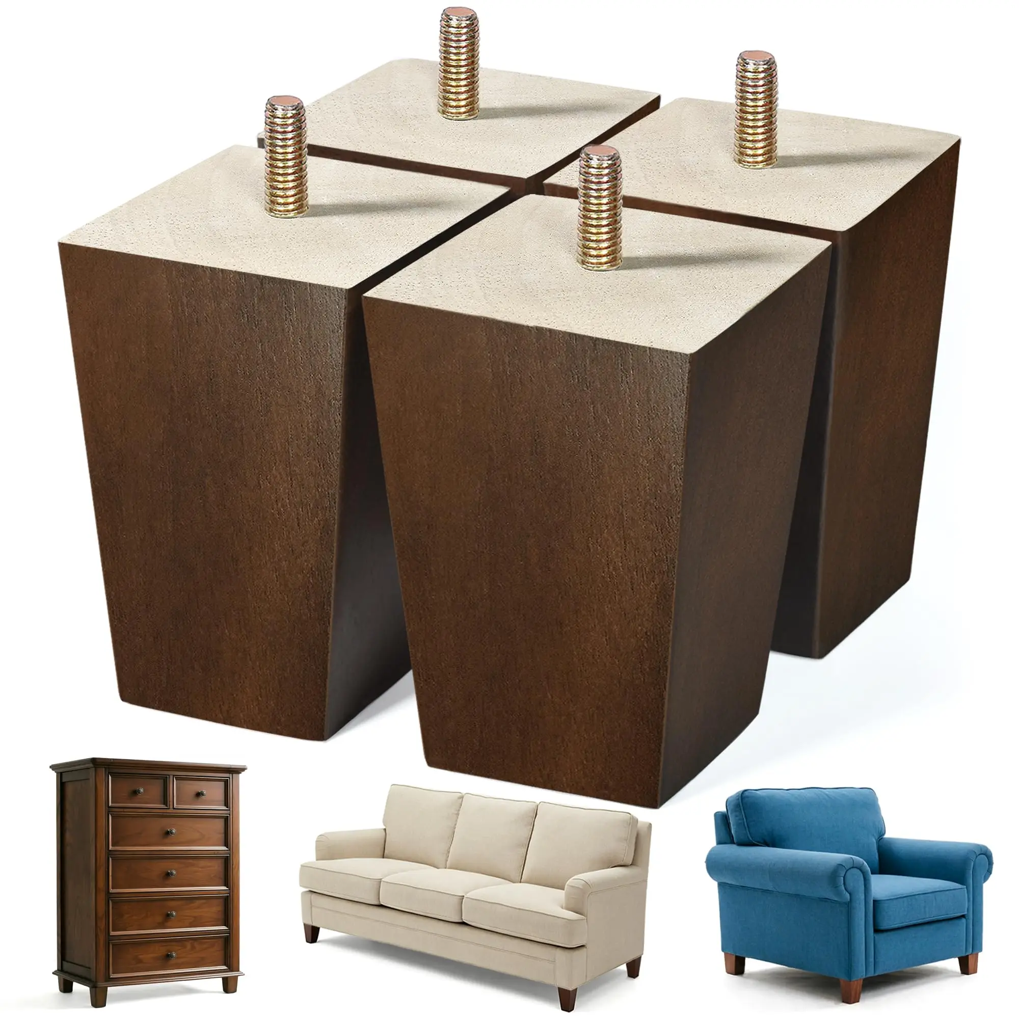 

4pcs 4-Inch Square Wooden Furniture Legs With Embedded Hanger Bolts For Sofas, Tables, And Dressers