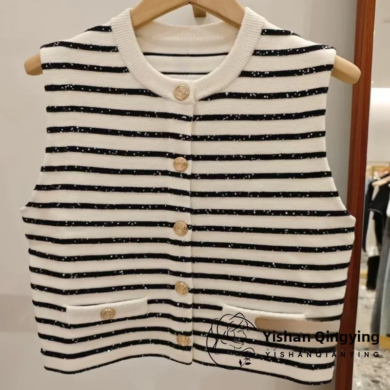 

Ранняя осень, модный вязаный жилет, женский круглый ней яркий базовый слой с блестками, полосатый узор, легкий, роскошный M 2025