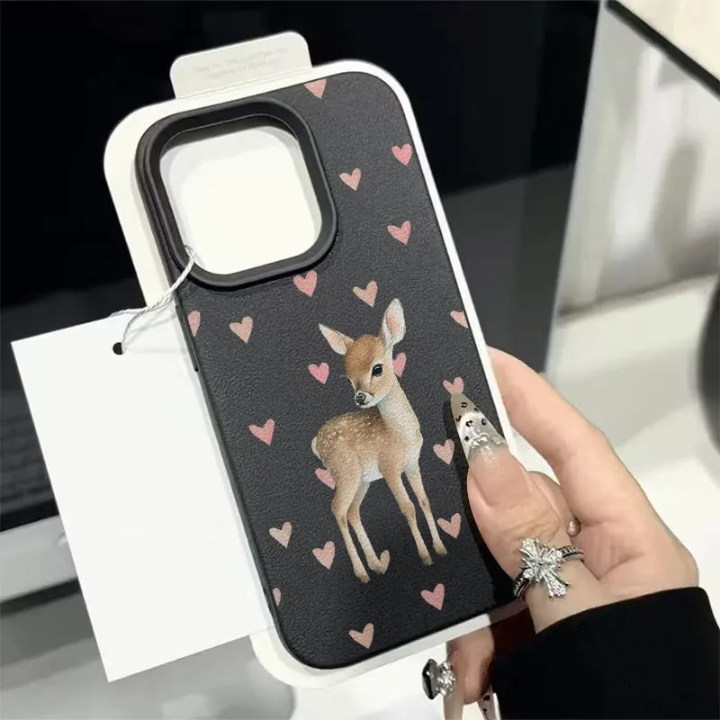 

Pink Love Heart Cute Deer Print Lychee Texture Matte Phone Case For iPhone 17 16 15 14 13 12 11 Pro Max XS X XR 16E 17 Air Cover