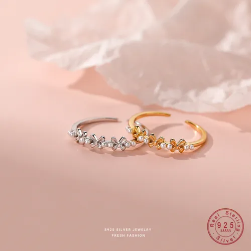 S925 스털링 실버 작은 진주 꽃 반지 여성용, 심플하고 우아한 조절 가능한 오프닝 쥬얼리 