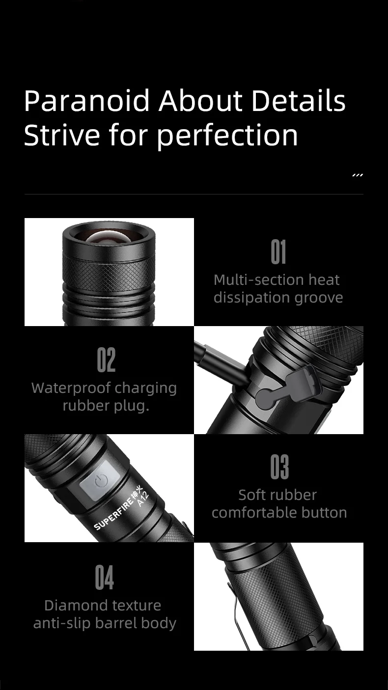 SUPERFIRE A12 Hochleistungs-LED-Taschenlampe, USB wiederaufladbar, zoombar, taktische Taschenlampe, 5 Modi, wasserdicht, für Outdoor-Angellaterne – Detail 14