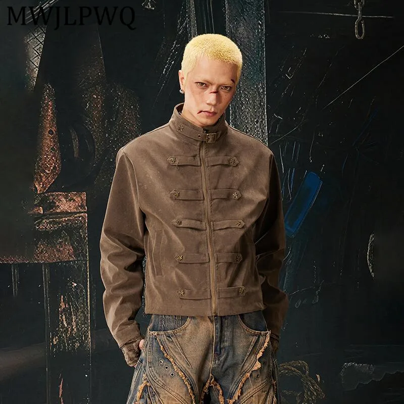 

MWJLPWQ Men's New Vintage Style Flocked Distressed Workwear Stand Collar Metal Decorate Zipper Jacket Street Casual Coat 13968