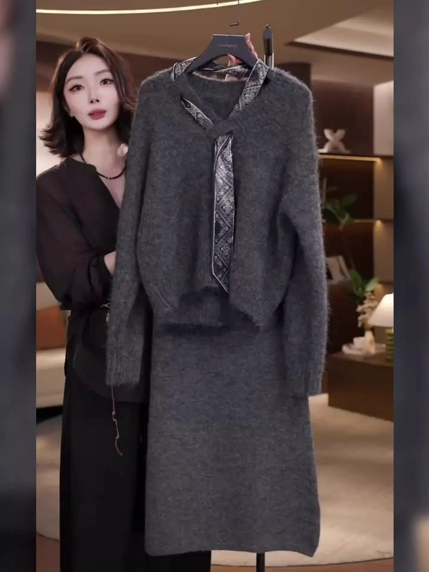 

Stunning Winter Faion Korean Sle Beautiful Cold Lady Maturi Ele Wealthy Outfit One Set Youthful OOTD Set Women's En...