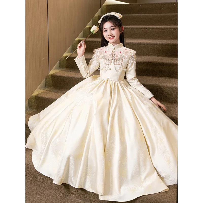 New Chinese Style Girls' Dress Light Luxury Niche High-end Birthday Party Children's Host National Style Catwalk Guzheng Perform