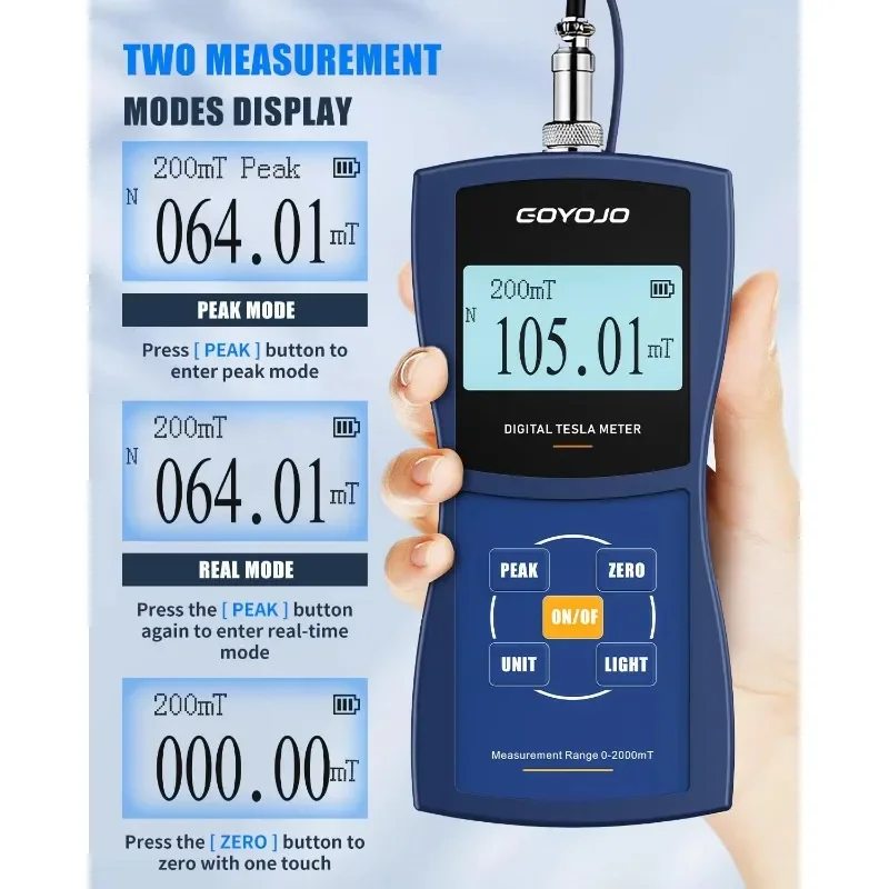 Gauss Meter Tesla Meter Permanent Magnet Metal Probe Portable Magnetometer Digital for Measuring Magnetic Strength and Polarity