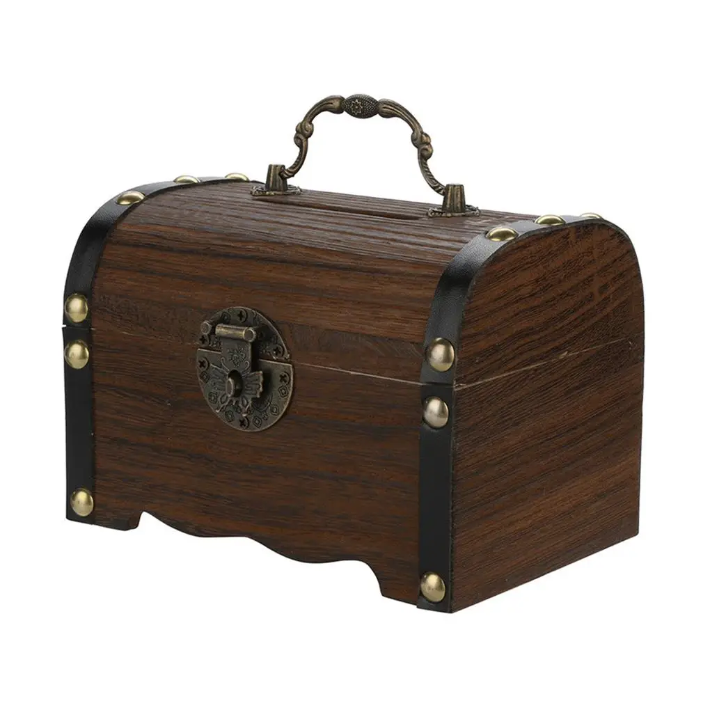 Box Wooden Treasure Bank Storage Chest Piggy Wood Vintage Money Coin Lock Boxes Jewelry Saving Pirate Organizer Decorative Gift