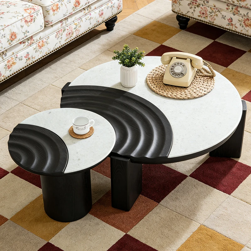 ak-Color Block Wood Veneer Natural Stone Coffee Table Set Creative Italian Minimalist Low Table Furniture%