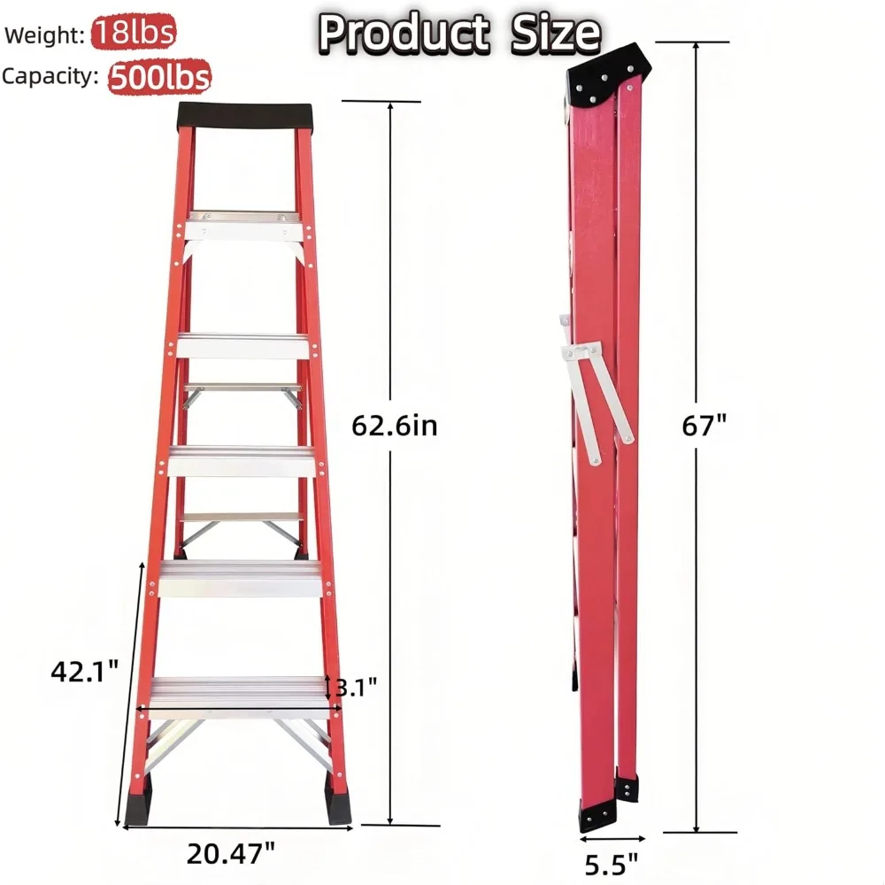 سلم من الألياف الزجاجية بطول 6 أقدام مع منصة أدوات، سعة 500 رطل، نوع IA للمطبخ والمستودعات والاستخدام المنزلي