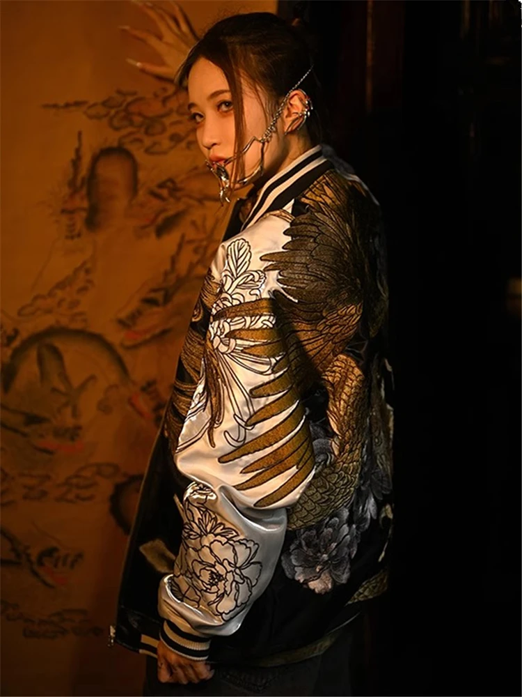 2024 Dragon Peony Chrysanthemum Phoenix Suzaku Embroidered Original Yokosuka Sukajan Souvenir Jackets High Street Men Boys Loose