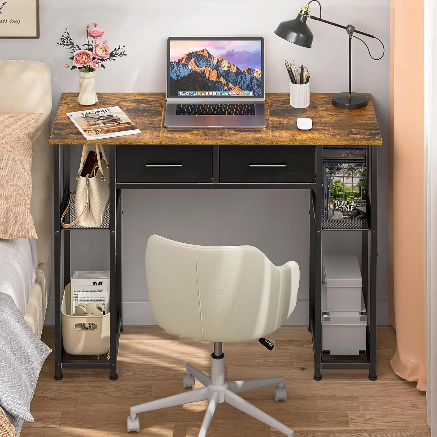 

37.3 Inch Computer Desk with Drawers and Storage Shelf, Home Office Work Table for Small Spaces, Brown