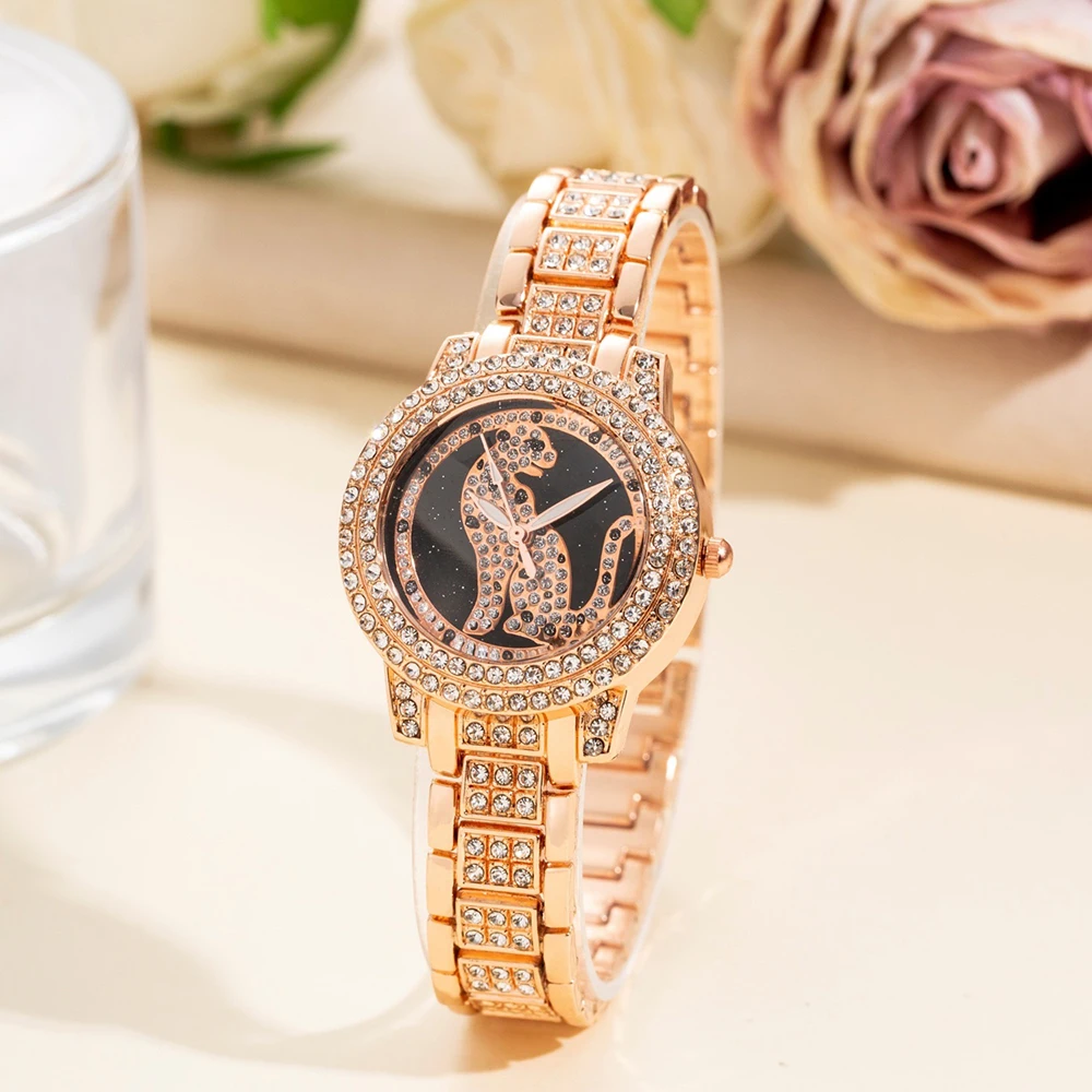 2Pcs Women Fashion Quartz Watch Luxury Rhinestone Wristwatches Dress Clock Hip Hop Fierce Inlaid Zircon Pendant Set Montre Femme