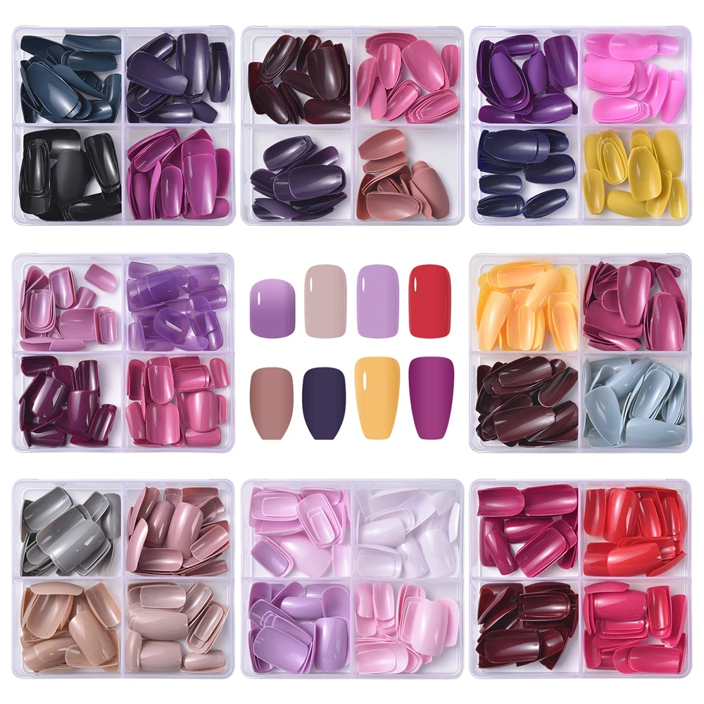 96pcs/Box Matte Coffin Press on Nail Full Cover False Nails Mixed Size Solid Color Extension Oval Capsule Almond DIY Accessories