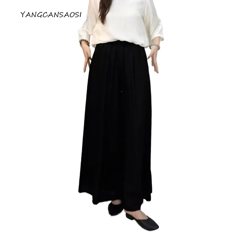 

Women's Fashion Autumn Clothing 100% Natural Mulberry Silk HuaLuo Elastic Waist Solid Color Versatile Black Wide Leg Pants