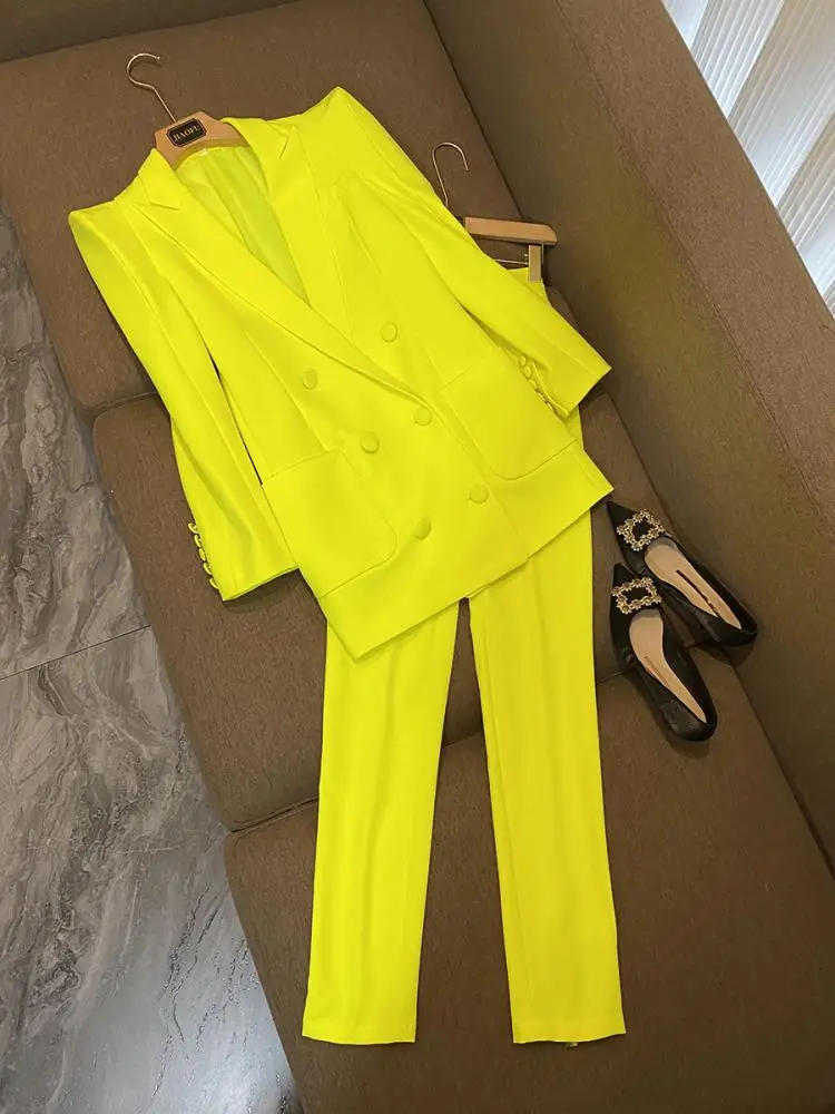 

Faionable oulder Pad Double Breasted Midi Suit Jaet in Fluorescent Yellow 2026 New Arrival Women's Commute Sle Long S...