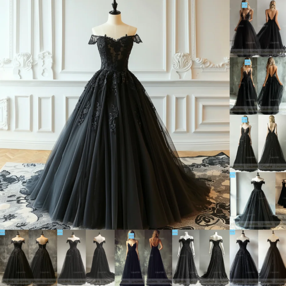 Classic Black Full Length Lace-up Back Prom Formal Wedding Dresses Evening Bridesmaid Party Clothing Custom Hand Made C-4.2