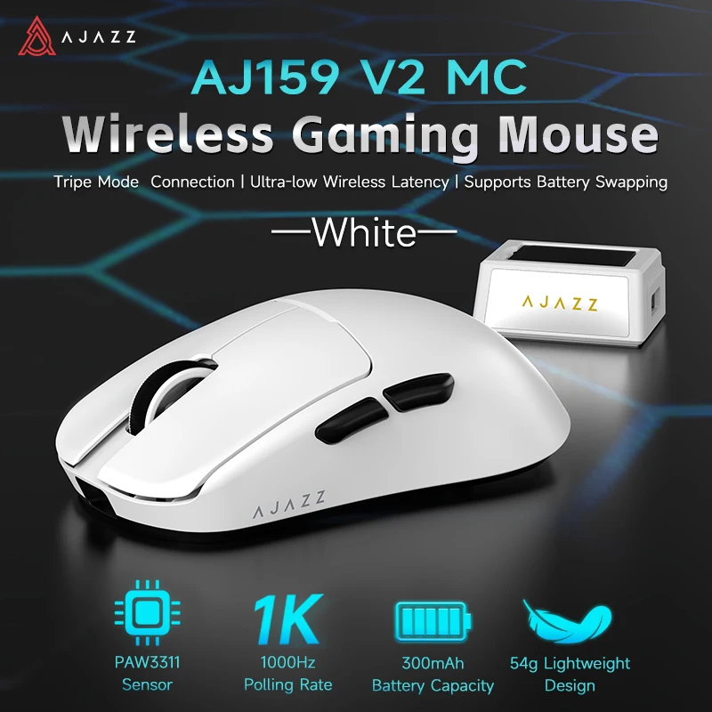 AJAZZ AJ159 V2 MC 3-Modus Bluetooth 2.4G Kabelgebundene Maus, 54g Leichtes Gehäuse, PAW3311 Stabile Tracking-Funktion, Austauschbarer Wiederaufladbarer Akku E-Sports-Maus
