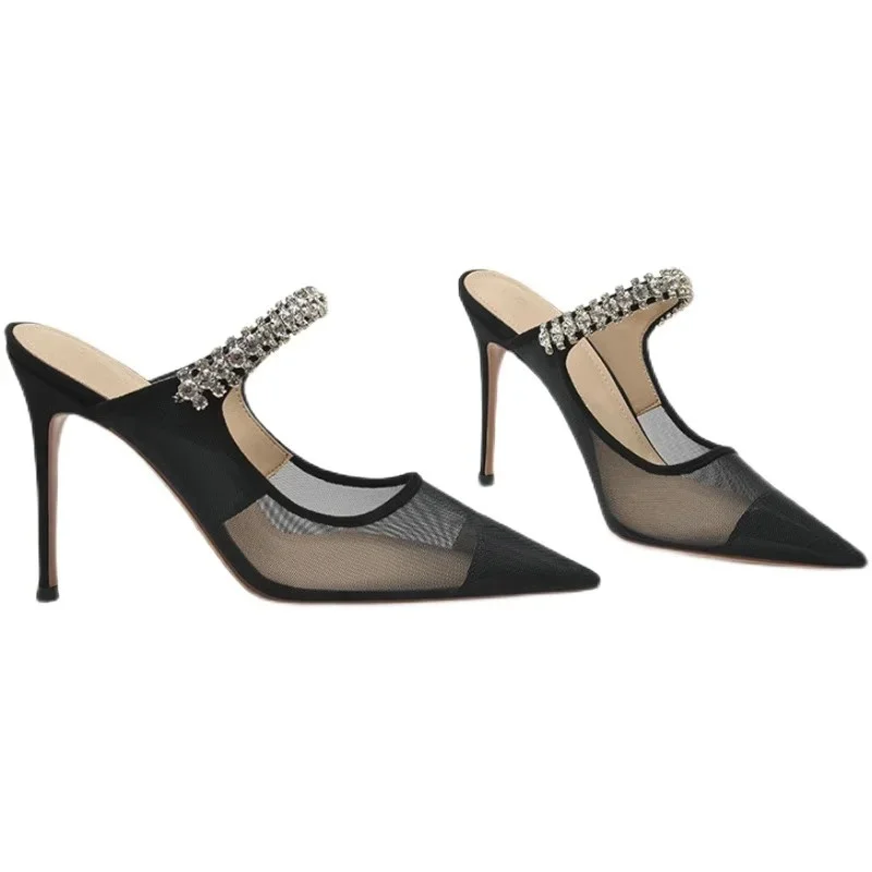 Women's Slippers Spring Summer Pointed Toe Rhinestone Sandals Fashion Mesh Party Shoes for Women High Heels Banquet Dress Shoes