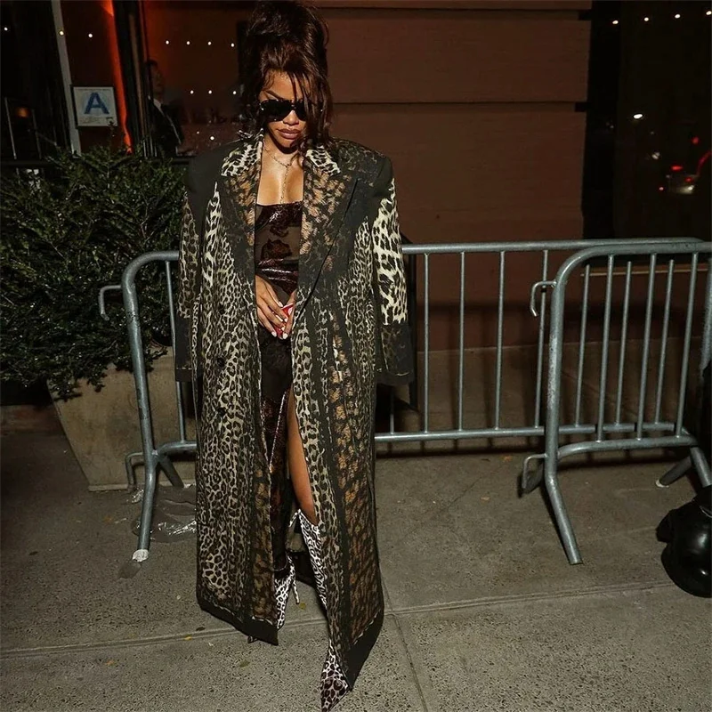Leopard Print Trench Coat For Women With Lapel Neck Full Sleeves Adjustable Belt Fall Winter Street Style Casual Outwear Jacket