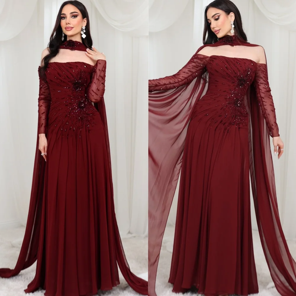 

Customized Formal Burgundy Tulle Homecoming Dress Classic Boat Neck Off the Shoulder Long Sleeves Zipper Back Vestido De Noche
