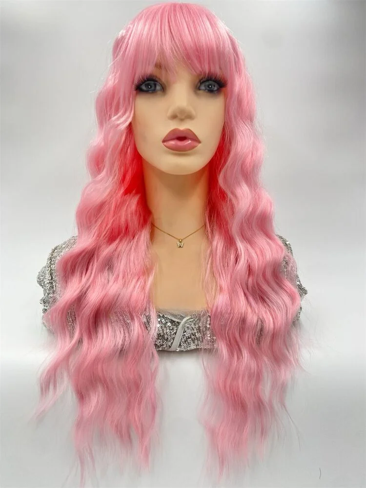 

Syntheticv Pink Wig Wavy With Bangs 24 Inch Long