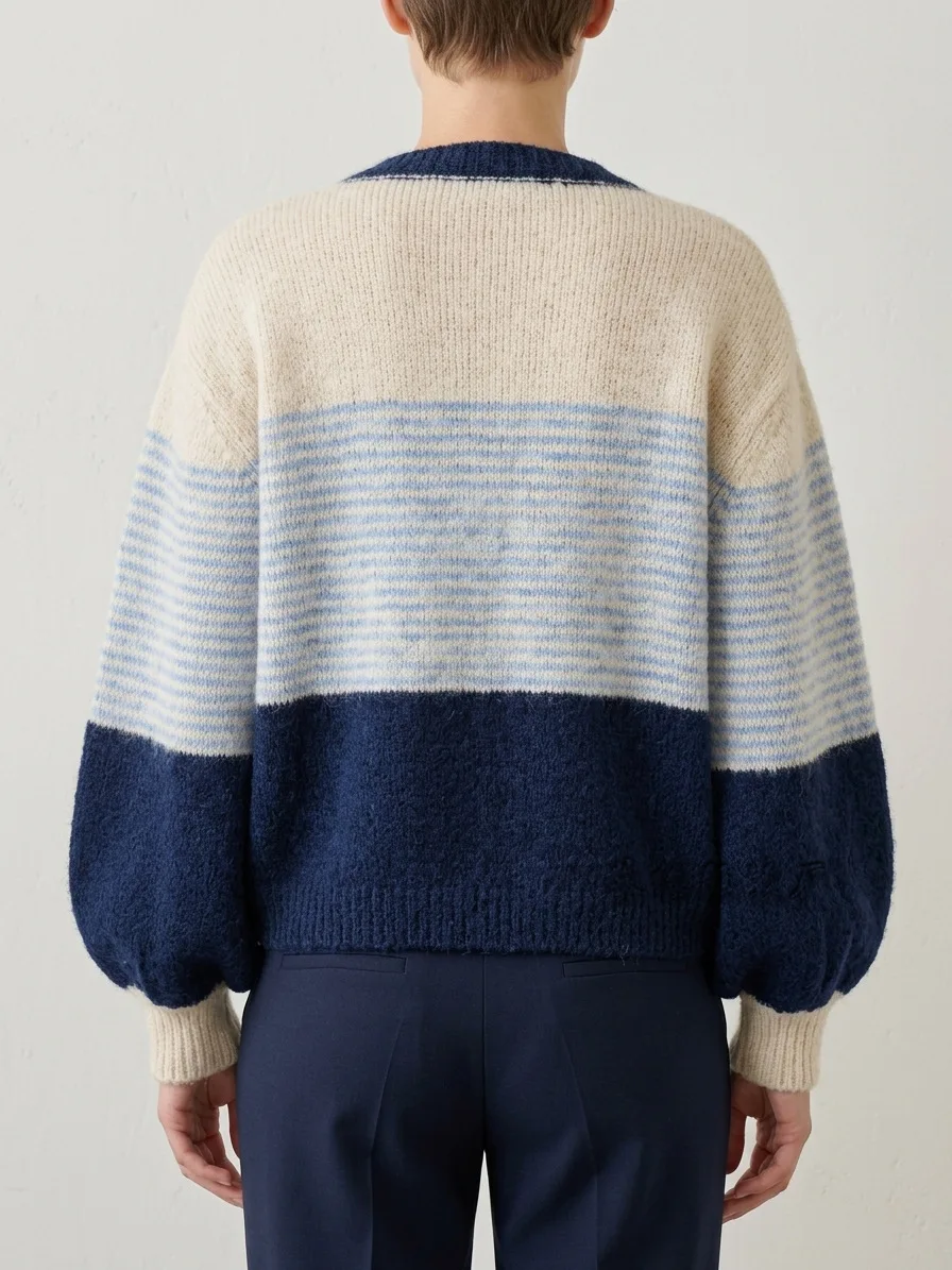 Kawaii Color Block Patchwork Striped Knitted Cardigan Contrasting Color Casual Loose Soft Plush Knitted Women's Sweater Jacket 3