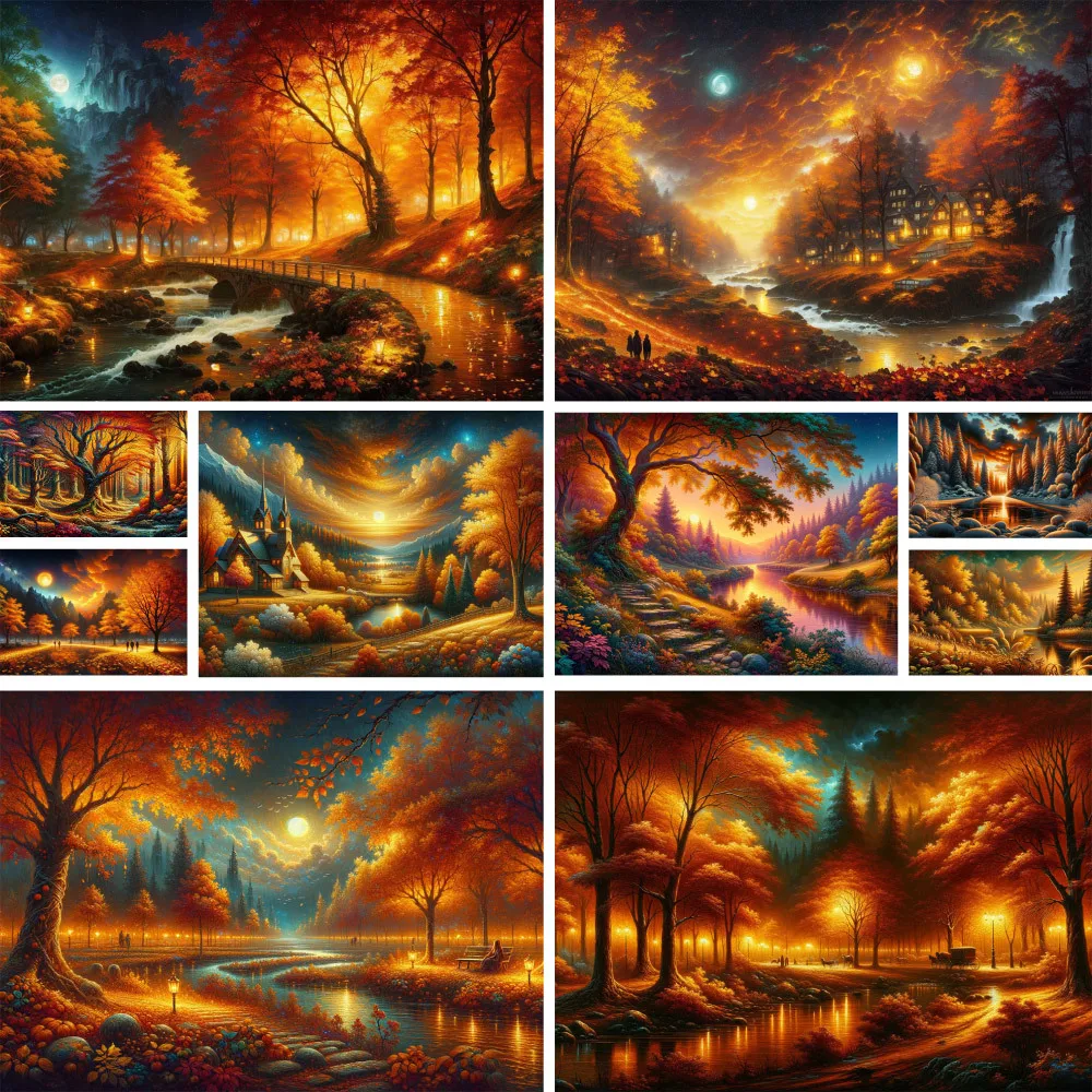 Landscape Autumn Night Printed Cross-Stitch DIY Embroidery Full Kit Hobby Sewing Handicraft Handiwork Jewelry Package Wholesale