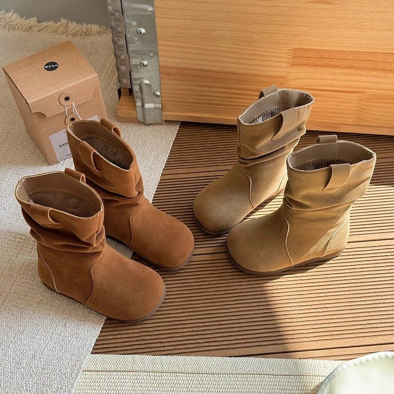 Kids Mid Calf Boots Round Toe Children Winter Fashion Boots Girls Retro Short Leather Boots 2026 New