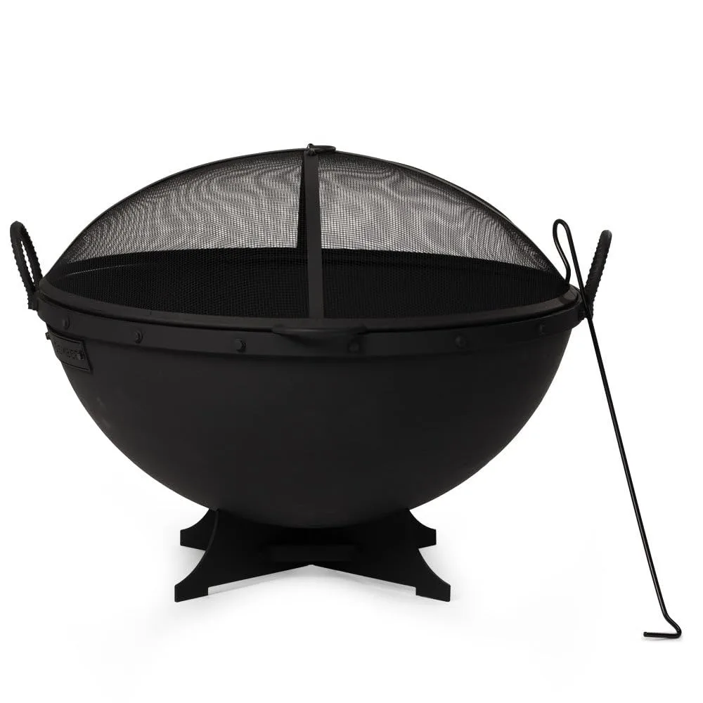 Ash & Ember 32in Hemisphere Fire Pit with Screen and Poker, Cast Iron High-Temperature Black Paint Fire Bowl, Wood