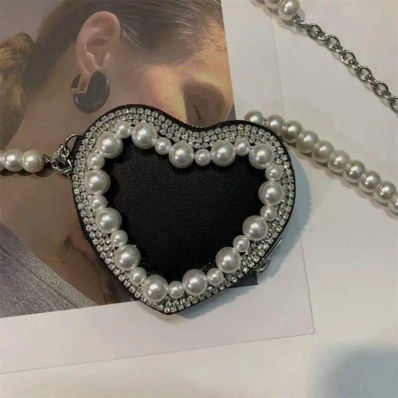 Y2k Aesthetic Sweet Pearl Chain Heart Handbags All Match Chic Fashion Mini Bags Korean Trendy Casual Design Waist Packs