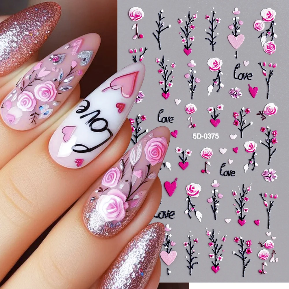 1 Stück rote Rose Blume Nagelaufkleber 5D geprägt Valentinstag selbstklebende Sliders Abziehbilder einfache Damen Maniküre Dekor Folien *&