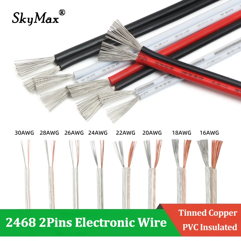 5-50m 2468 Copper Wires 300V Stranded Extension Cable PVC Insulation for LED Lamps Connection 2Pins 30 28 26 24 22 20 18 16AWG