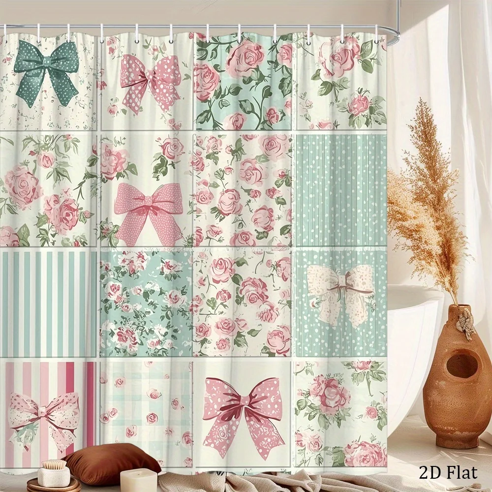 1pc Shower Curtain Featuring Fabric Patterns with Floral And Polka Dot Designs in Gentle Pastel Colors, Measuring 70.8 by 70.8 I