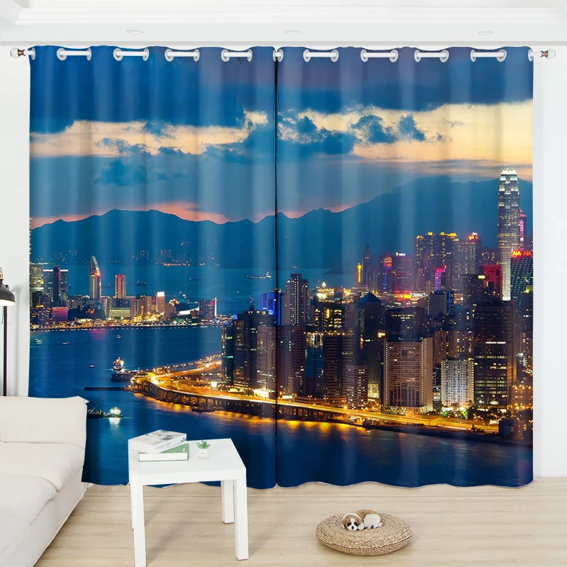 2 Panel Hong Kong City Beautiful Night View Semi Blackout Curtain Custom Bedroom Living Room Studio Window Blinds Curtain