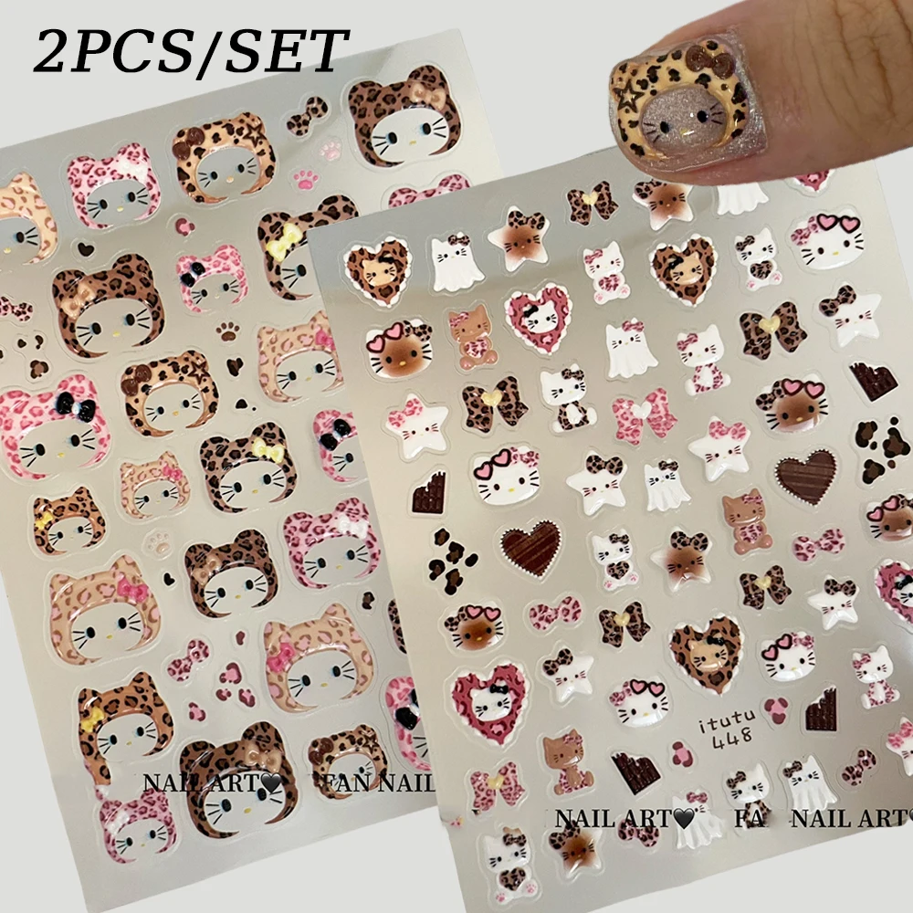 2pcs 5D Kawaii Leopard Print KT Hat Hello Kitty Nail Stickers Big-Thumb Hello Kitty Nail Decals DIY Autumn Winter Nail Supplies-